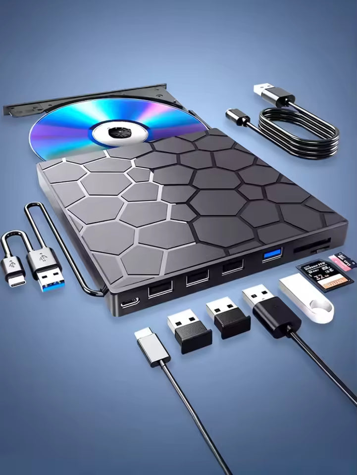 Extern DVD-spelare och brännare 8-i-1 – med USB-hub