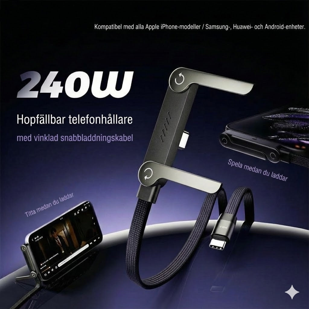 2-i-1 Type-C-laddkabel med dold ställfunktion – 240W super snabbladdning