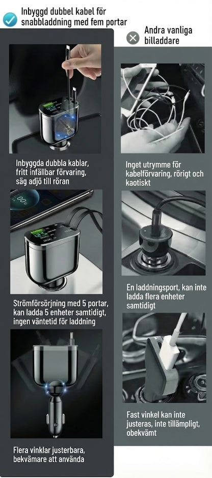 5-i-1 billaddare för fram- och baksäte – med förlängningskabel