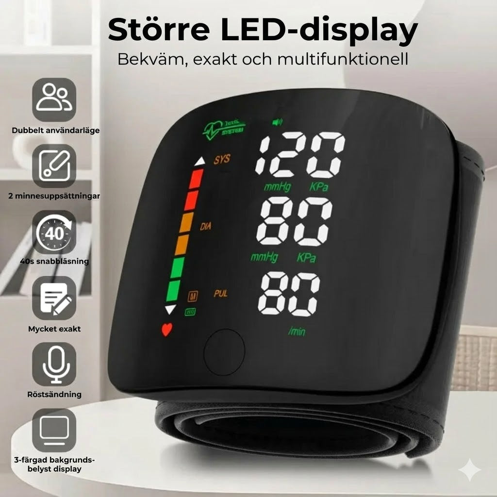 Digital handledsblodtrycksmätare – stor LED-display och minnesfunktion