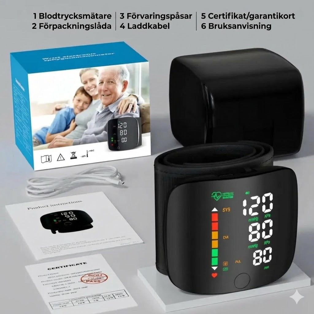 Digital handledsblodtrycksmätare – stor LED-display och minnesfunktion