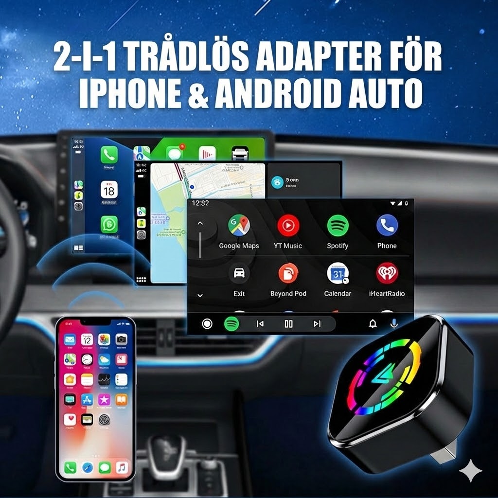Trådlös 2-i-1-adapter för iPhone och Android Auto