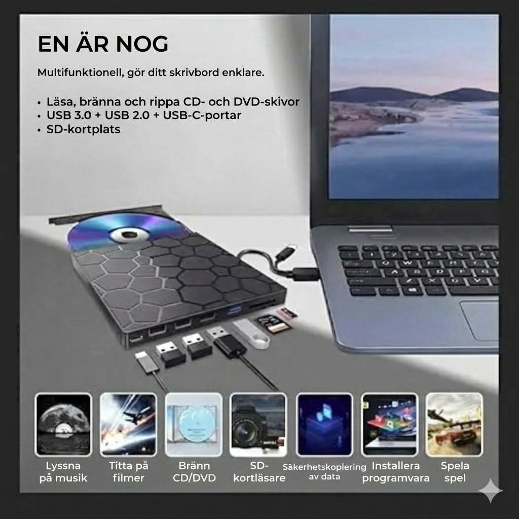 Extern DVD-spelare och brännare 8-i-1 – med USB-hub