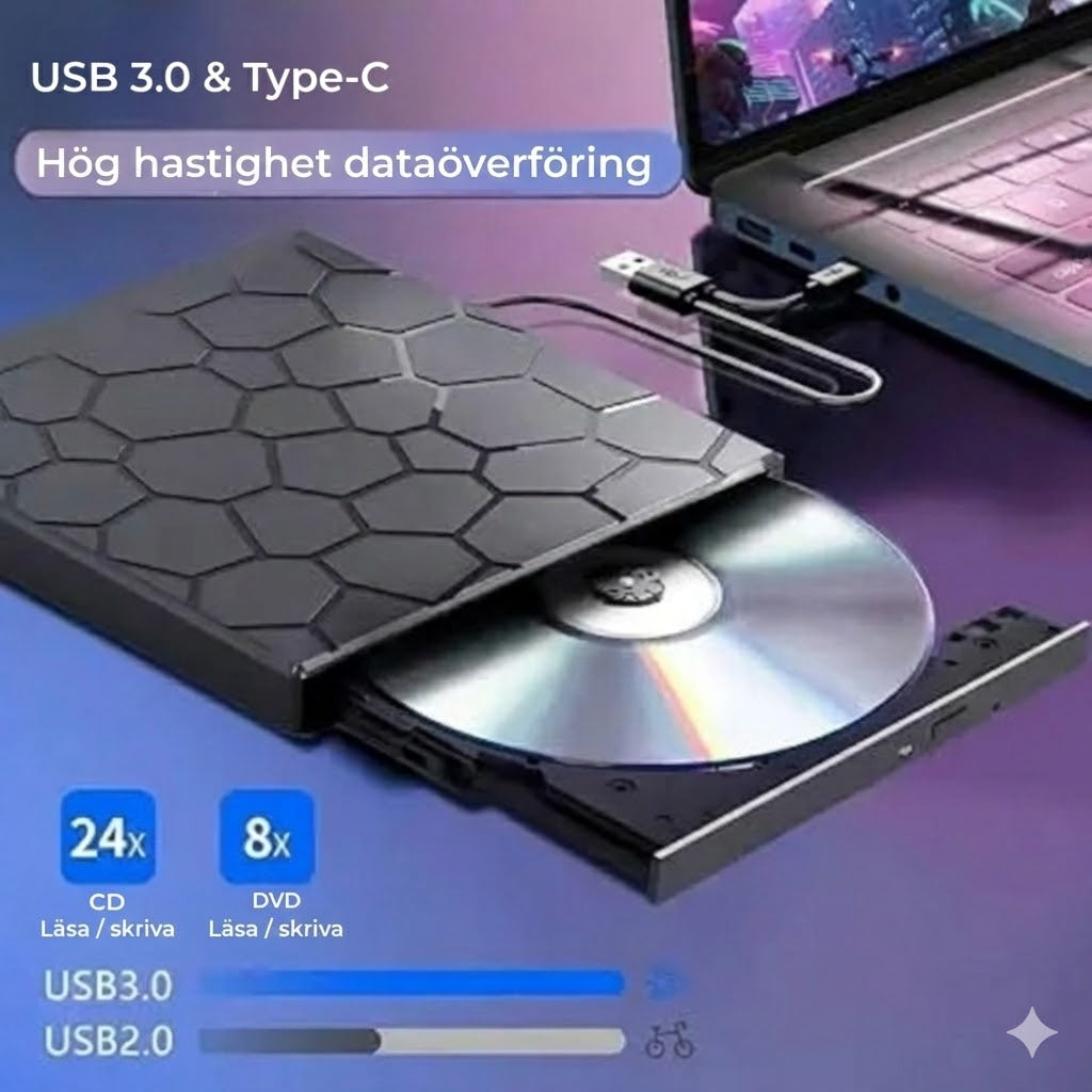 Extern DVD-spelare och brännare 8-i-1 – med USB-hub